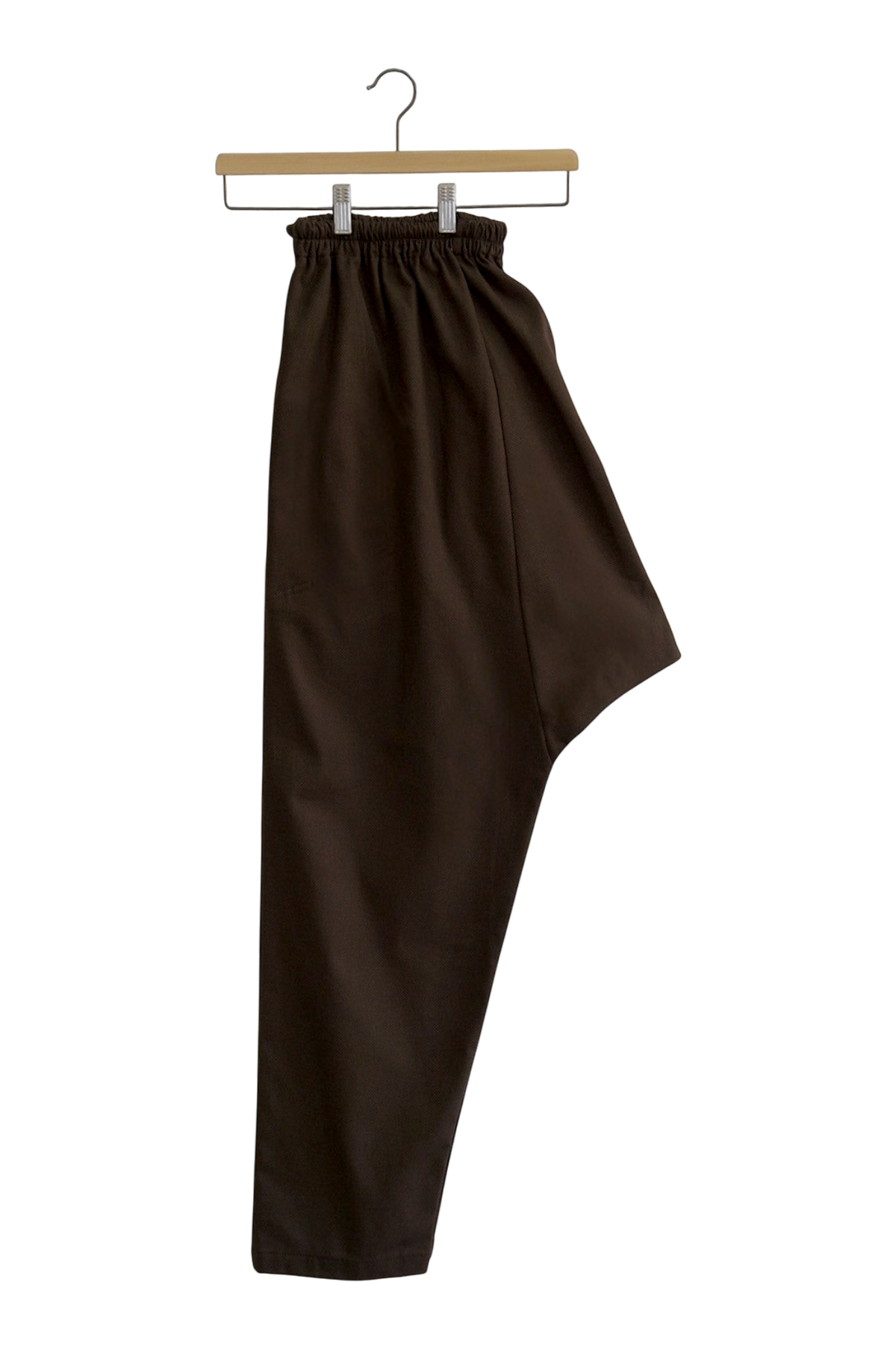 Lefke Legacy chocolate brown cotton shalwar with a drawstring waist, handmade with a soft sheen finish.