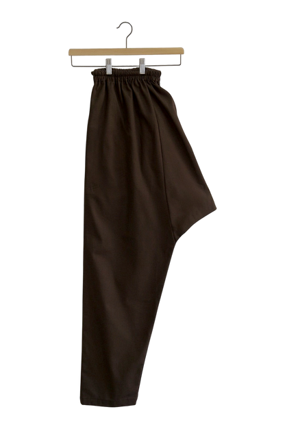 Lefke Legacy chocolate brown cotton shalwar with a drawstring waist, handmade with a soft sheen finish.