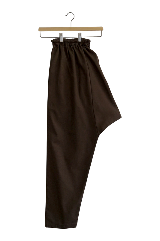 Lefke Legacy chocolate brown cotton shalwar with a drawstring waist, handmade with a soft sheen finish.