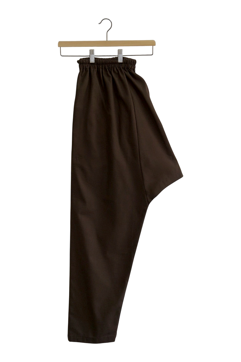 Lefke Legacy chocolate brown cotton shalwar with a drawstring waist, handmade with a soft sheen finish.