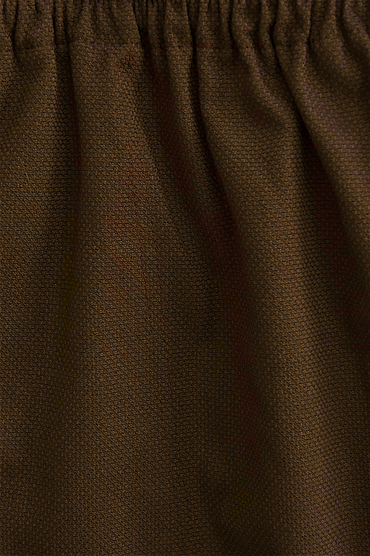 Lefke Legacy chocolate brown cotton mix shalwar fabric with a soft sheen and gathered drawstring waist detail.