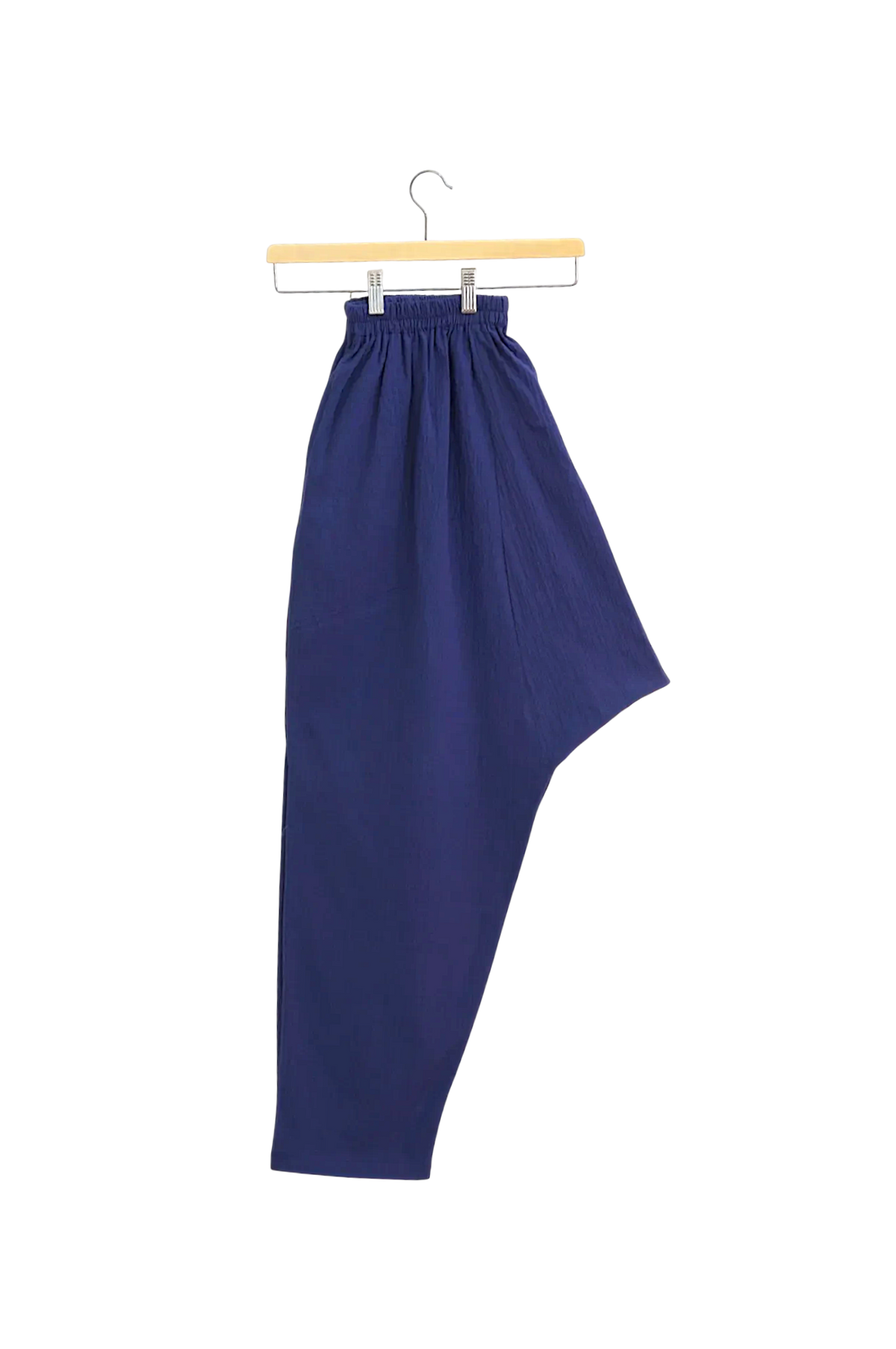 Lefke Legacy indigo cotton shalwar trousers with a drawstring waist, handmade in a traditional modest fit.