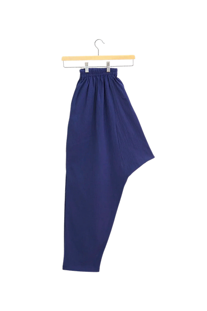 Lefke Legacy indigo cotton shalwar trousers with a drawstring waist, handmade in a traditional modest fit.