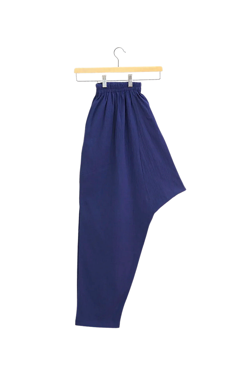 Lefke Legacy indigo cotton shalwar trousers with a drawstring waist, handmade in a traditional modest fit.