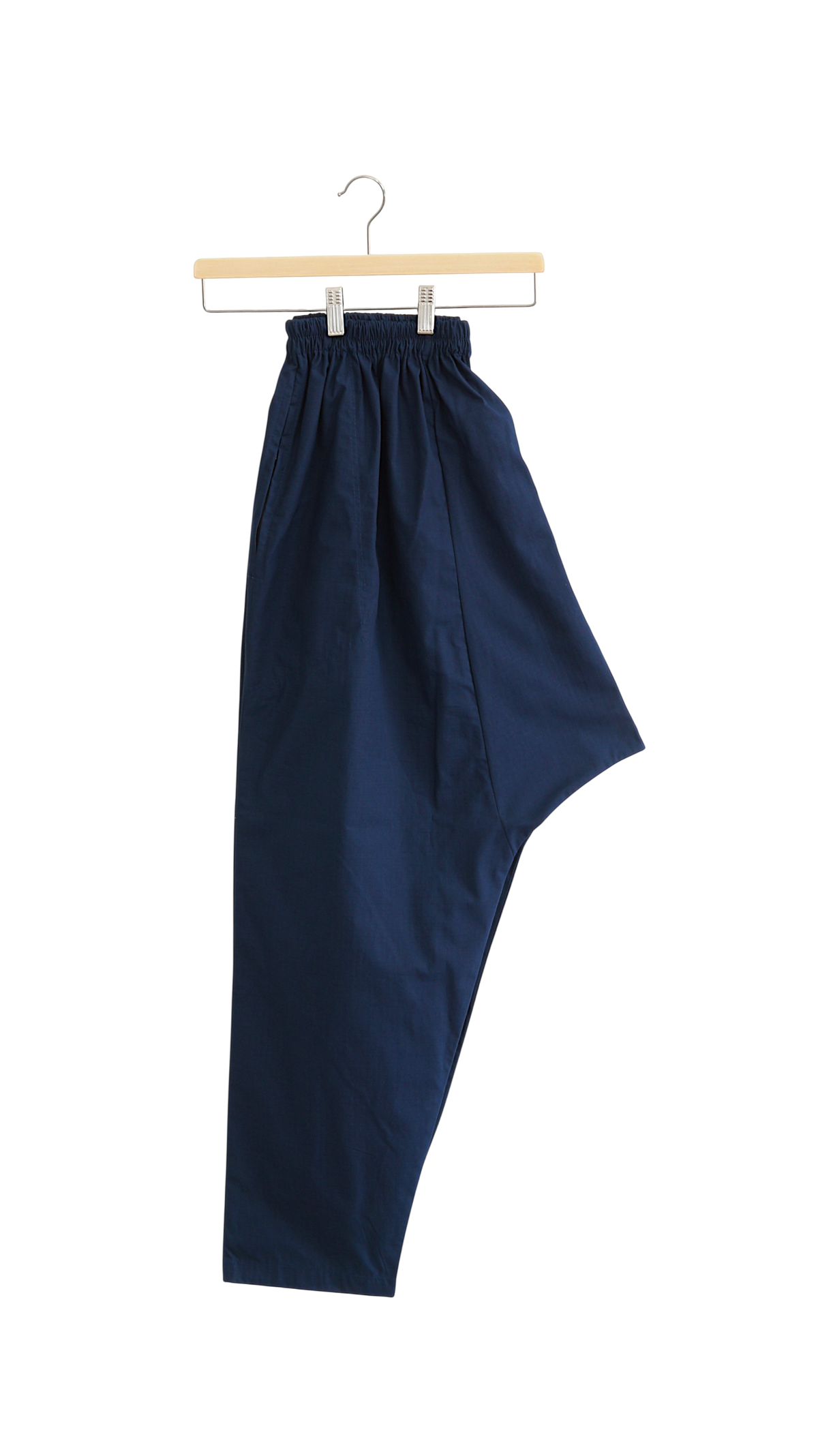 Lefke Legacy midnight indigo cotton shalwar with a drawstring waist, handmade in a traditional modest fit.
