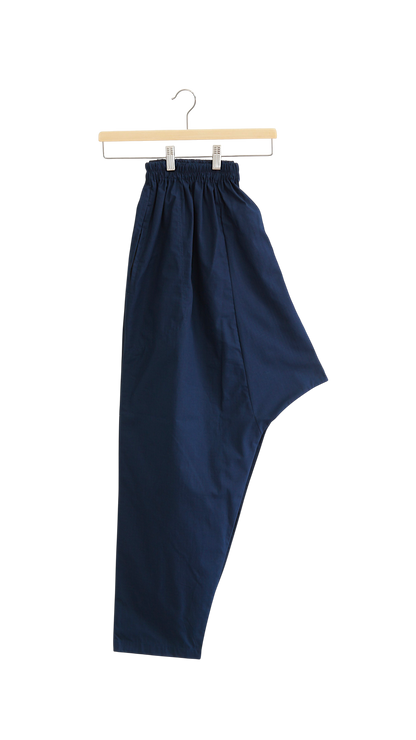 Lefke Legacy midnight indigo cotton shalwar with a drawstring waist, handmade in a traditional modest fit.