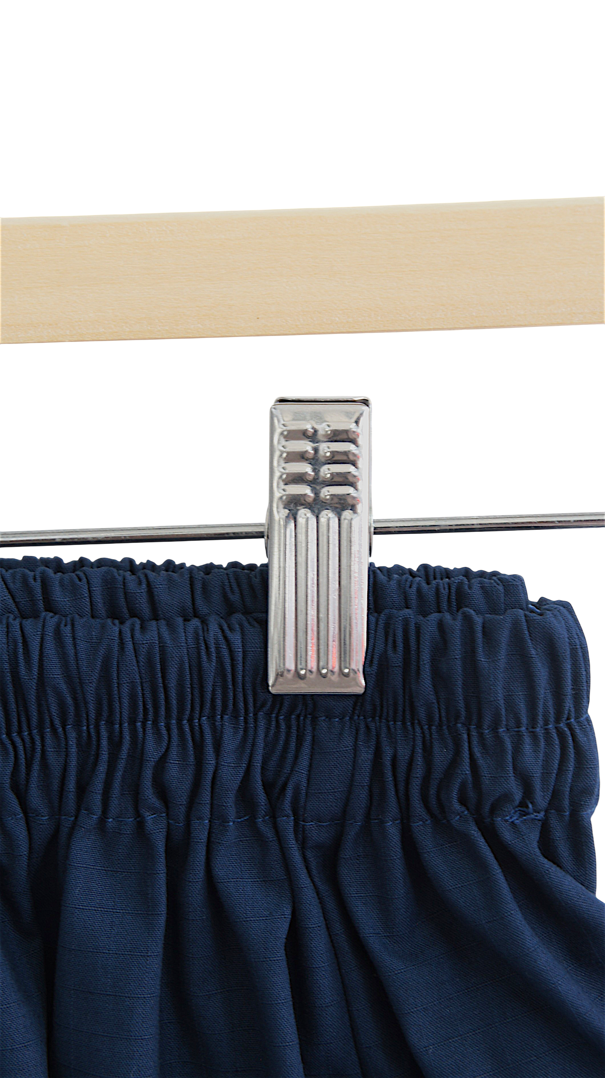 Lefke Legacy midnight indigo cotton shalwar with a gathered drawstring waist hanging on a wooden hanger.