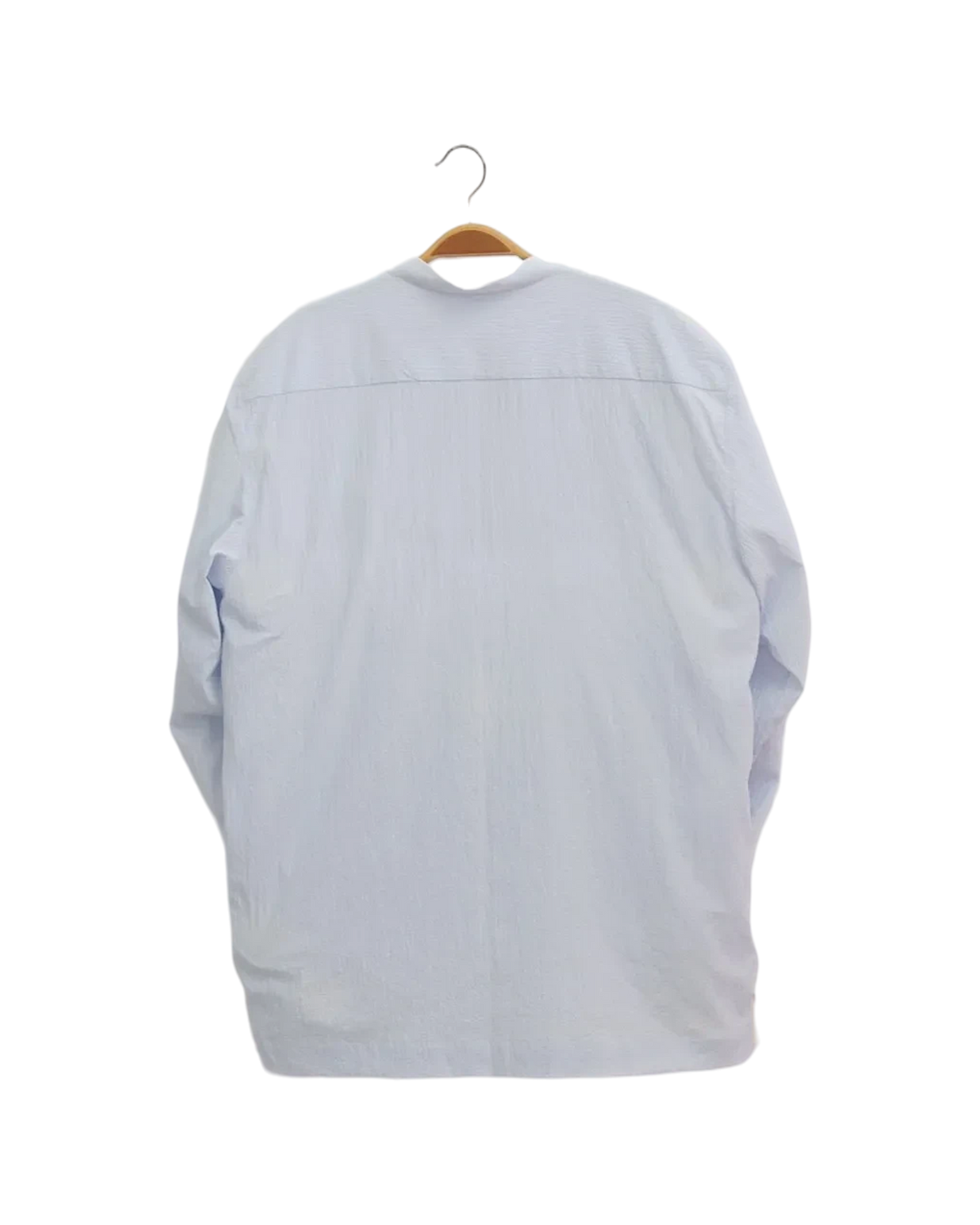 Back view of a Lefke Legacy pale blue cotton mix shirt with a mandarin collar, hanging on a wooden hanger.