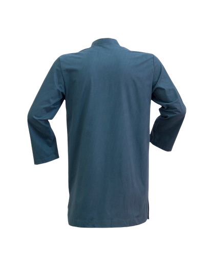 Back view of a Lefke Legacy handmade steel blue cotton jubba featuring a mandarin collar and modest fit.