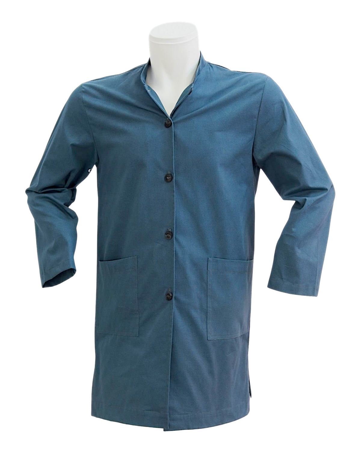 Lefke Legacy handmade steel blue cotton jubba with a mandarin collar and patch pockets on a mannequin.