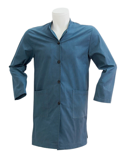 Lefke Legacy handmade steel blue cotton jubba with a mandarin collar and patch pockets on a mannequin.