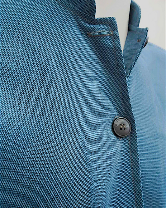 Lefke Legacy steel blue cotton jubba featuring a mandarin collar and fine weave texture